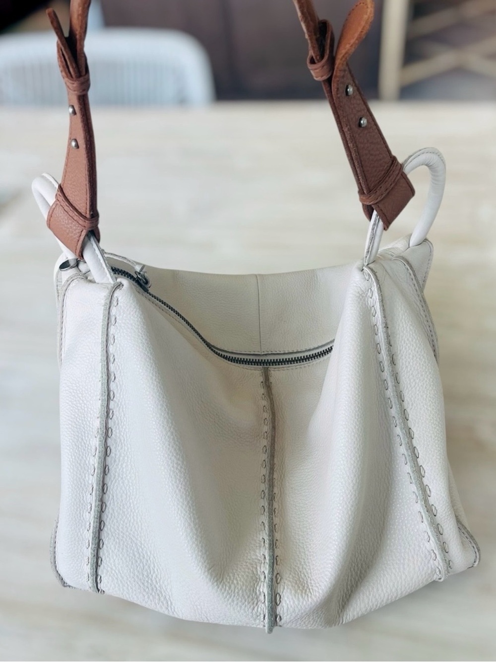 The Sak Soft Pebbled Leather Hobo Shoulder Bag – White/Cream